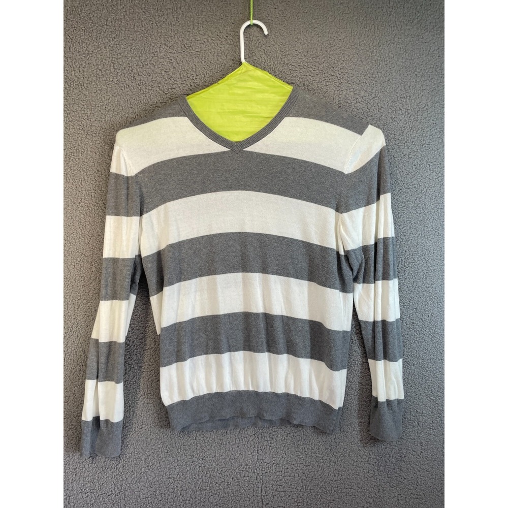 Old Navy Womens Long Sleeve V-Neck Sweater White And Gray Stripe Size Large L